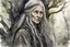 Placeholder: ink wash and watercolor illustration of an ancient grizzled, gnarled female vagabond wanderer, long, grey hair streaked with black, highly detailed facial features, sharp cheekbones. Her eyes are black. She wears weathered roughspun Celtic clothes, emaciated and tall, with pale skin, full body , thigh high leather boots within a forest of massive ancient oak trees in the comic book style of Bill Sienkiewicz and Jean Giraud Moebius , realistic dramatic natural lighting