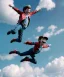 Placeholder: Ultra realistic clouds sky scene, medium shot view, portrait, sweet monster Childs free jumping flying with trinkets, smile, happy, Wes Anderson style, Peter Pan, inflatable color clothing, extreme, wind, clouds sea, 20,000 feet altitude, stratosphere, soft color, highly detailed, unreal engine 5, ray tracing, RTX, lumen lighting, ultra detail, volumetric lighting, 3d, finely drawn, high definition, high resolution.