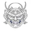 Placeholder: White, minimalis line art , oni mask japanes scarry, vector, white background, outline, with images neatly contained within the background, just black and white color,