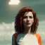 Placeholder: A beautiful portrait of a cyberpunk woman with lot's of grain on her skin red head with natural curly hair flying in the wind cyborg smiling facing camera orange color scheme, high key lighting, volumetric light high details with white stripes and feathers unreal 5, octane render, cinema4d, dynamic lighting, dramatic lighting, 4k, redshift render, highly detailed, hyper realistic