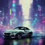 Placeholder: black 2022 BMW Z4 in the rain in a big city with lots of neon lights at nighttime