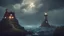 Placeholder: fantasy style. stormy night, island, lighthouse and witch tower, little house up on a cliff