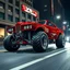 Placeholder: digital photograph, fantastical souped-up red futuristic muscle car with monster truck tires and futuristic silver hydraulics driving down a city street, car is shiny with aerodynamic features, dramatic angle, nighttime, cinematic lighting,