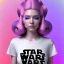 Placeholder: full body photo of smiling feminine pretty 19 year old girl wearing a star wars shirt, with rainbow glitter eye make-up, flat chest, pronounced, short and long pink hair, no body hair, no tattoos, lgbt, transgender, highly detailed, photo realistic, plain background, still shot, photo realism, full body photo, 8k high resolution, high detail, --ar 2:3 --v 4