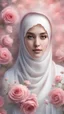 Placeholder: The most beautiful angel with a veil, wearing a hijab, thin rose flowers, heavenly flower background, extraordinary beauty, real life, realistic