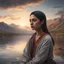 Placeholder: Hyper Realistic Sad Pukhtoon Young-Woman looking at cloudy sunset riverside & mountains at the back