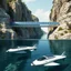 Placeholder: Transparent pedestrian bridge between two cliffs. It has solar panels installed. Below the bridge, autonomous underwater drones with sleek hulls and a solar panel on top retrieve trash from the lake. The drones have a hydrodynamic shape, are equipped with a robotic arm and camera to store plastic waste. The design is modern and innovative and reflects futuristic technologies for environmental protection.