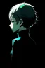 Placeholder: Phosphophyllite Houseki no Kuni on a black background stands with his back but turns to face the screen