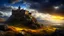 Placeholder: Photorealistic ruined castle in the distance overlooking a valley, on a cliff top, warm-toned stormy clouds