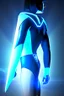 Placeholder: neon blue, floating triangle of light orbiting behind the back, cyber armor, geometric patterns on armor, male, orbiting triangle