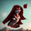 Placeholder: Red Riding Hood looks up to the sky while eating an apple on a balloon.