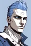 Placeholder: a portrait of vergil from devil may cry, with blue eyes, blue hair, pointy ears and wearing a blue trench coat