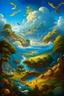 Placeholder: The creation of the world by God. In front of us is a valley with a beautiful landscape, where beautiful animals roam, beautiful birds fly in the sky, beautiful clouds and God in the clouds