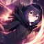 Placeholder: floating in air, backflip,{{anime}}, detailed beautiful short hair,{{fluffy hair}}, delicate and intricate hair, black loose raincoat with hood, purple and black eyes, blush, beautiful detailed eyes, {beautiful face}, cinematic light,{masterpiece}, beauiful illustration, offical art, upanime