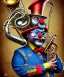 Placeholder: mechanoid old friendly fat clown with trimmed beard playing jazz with a steampunk theme, trumpet, realistic