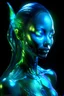Placeholder: A Photograph with bioluminescent and bioluminous artistic style portrays a divine mermaid alien humanoid. A curvy model front facing with bioluminescent wet translucent irredescent skin etheral glowing eyes, large head fins and ear fins flowing showcases an alluring, perfect face in ultra-realistic detail. The composition imitates a cinematic movie, with dazzling, golden, and silver light effects. The intricate details, sharp focus, and crystal-clear skin create a highly detailed,