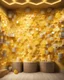 Placeholder: virtual photo wallpaper with honeycombs, beautiful yellow background, false windows and overhead lighting, display shelves for products