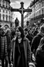 Placeholder: woman in the midle of a cross peatonal in e great city; behind her, unfocaused, other people walking, realism, black and white