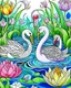 Placeholder: Stylized couple of two swans among lotus flowers (water lilies) and pond plants. Freehand sketch for adult anti stress coloring book cover,, colorful page, cooler background, perfect composition, beautiful detailed intricate insanely detailed octane render trending on artstation, photorealistic, soft natural volumetric cinematic perfect light, chiaroscuro, masterpiece, oil on canvas, raphael, caravaggio, greg rutkowski, beeple, beksinski, giger, black and white still, digital Art, perfect coloer