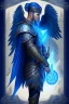 Placeholder: a person in runic armor with blue wings, blue short hair, runic tattoo and spell book, male