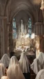 Placeholder: girl alone wearing lace veil with blood on it praying in church.cinematic.