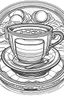 Placeholder: Outline art for coloring page, TEACUP SET ON MARS, coloring page, white background, Sketch style, only use outline, clean line art, white background, no shadows, no shading, no color, clear