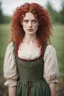 Placeholder: young woman with green eyes, blood red and curly hair. Dressed in a simple 19th century peasant dress