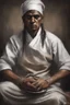 Placeholder: A native Indian chef, they but a fabric on his eye so he can not see and his arms are Handcuffed. looks miserable with bruises on his face like he has been beating sitting on a broken chair in a prison with dem light and dark prison environments , Busch painting style , sureal