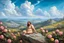 Placeholder: a handsome, fat man with a well-groomed, bearded face and long, curly hair. He is sitting naked on a rock, surrounded by a picturesque valley adorned with pink and yellow rose flowers. The spring sky above is adorned with breathtakingly beautiful clouds. like oil paintings 19th century