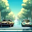 Placeholder: 2 good looking anime friends driving in a old classic convertible car, thier hair blowing in the wind, detail on girls faces, girls are wearing aviator sunglasses, trees and roads in the background, sunglasses,no turning back, faces are visible