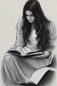 Placeholder: Pencil sketch of Young woman, Arab features,sad, long wavy hair, reading a book, full body، on lined paper