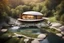 Placeholder: organic square or round shaped house embedded beside a river, architectural photography, style of architecture, modernist architecture, warm sunlight, photo real, real photography