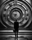 Placeholder: Concept photo, artistic photo, illusion, surrealism, black and white, man in search of meaning, big clock