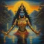 Placeholder: An oil painting of goddess Kali crossing a lake, neon gold colors, high detail eyes,