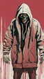 Placeholder: Create an ultra-wide photo of a decrepit zombie wearing an Adidas coat and hood, set against an abstract background. The overall style of the image should be a minimalist fashion with an Artgem twist. The zombie should be rendered in a decrepit and cadaveric style, with a focus on creating a sense of horror and decay. The Adidas coat and hood should be rendered in high detail, with a focus on capturing the texture and style of the clothing. The background of the image should be an abstract desig