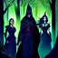 Placeholder: A group of four characters from a fictional book world. A witch, a gladiator, a thief, and an enchanter. The characters are in a dark forest. The characters are shrouded in mystery.