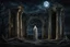 Placeholder: The solitary veiled figure draped in threads of decay standing at the midnight in moonlight next the Ruins, in backgrounde the luminous sinister moon, detailed, crepy stunning