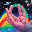 Placeholder: fantasy 90's tcg art of a rainbow card held by a hand in space