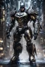 Placeholder: Fullbody photography front view of a Batman mech in transformative style, his metallic skin gleaming with intricate textures and intricate details, captured in an ultra-realistic style that blurs the lines between reality and imagination, cosmic background