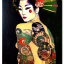 Placeholder: dibujo al oleo de cuerpo entero de una Geisha bella con tatuajes maorís estilo Gustav Klimt