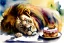 Placeholder: Lion is sleeping beside the rests of a birthday cake. Highly detailed, smooth colours, realistic landscape. Aquarell