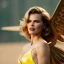 Placeholder: Eva Herzigova has angel wings. She has beautiful eyes, Her hair flies in the air. with yellow flowers for hair, closed eyes, rtx, reflection, 8k, glow, winning photography, caustics