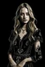 Placeholder: A girl in her late twenties, with slightly sharp features, long blond hair and hazel eyes, wearing a Chanel dress, with a rustic look, sketch, on a black background