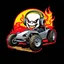 Placeholder: A logo for a rock band inspired by the styles of Ed "Big Daddy" Roth, graffiti art. sinister, evil marshmallow head with headphones in a dune buggy. The marshmallow head is breathing red flames. The background is dark.