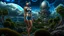 Placeholder: Photorealistic, full Body Photo Of A slim Exotic Sci-Fi Pin-Up Girl, With dark Hair and Bangs, on an alien jungle Planet With Cloud Trees, Tall Spires, Buildings, Bridges, Arches, a stormy skyline, with lightning