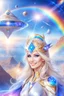 Placeholder: cosmic woman smile, admiral from the future, one fine whole face, crystalline skin, expressive blue eyes,rainbow, smiling lips, very nice smile, costume pleiadian, Beautiful tall woman pleiadian Galactic commander, ship, perfect datailed golden galactic suit, high rank, long blond hair, hand whit five perfect detailed finger, amazing big blue eyes, smilling mouth, high drfinition lips, cosmic happiness, bright colors, blue, pink, gold, jewels, realist, high,rainbow commander, intergalactic ufos