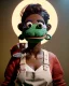 Placeholder: Waist up Portrait, hybrid character, waitress woman with monster muppet mask that covers her entire head, retro style, Sesame Street style, smooth, unreal engine 5, god lights, ray tracing, RTX, lumen lighting, ultra detail, volumetric lighting, 3d.