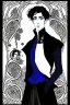 Placeholder: Black haired blue eyed freckled young male warlock in the style of aubrey beardsley