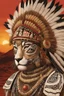 Placeholder: Striking portrait of Nantli warrior as anthropomorphic puma, adorned with intricately designed traditional armor and headdress. His face, painted with black and white patterns, radiates a fierce and determined expression. A red sun adorns his headdress, symbolizing strength and power. The background, a vast, golden desert landscape, with a sun setting behind some rocky outcrops. 8k