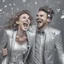 Placeholder: photograph of A happy man and woman with silver confetti and silver outfit